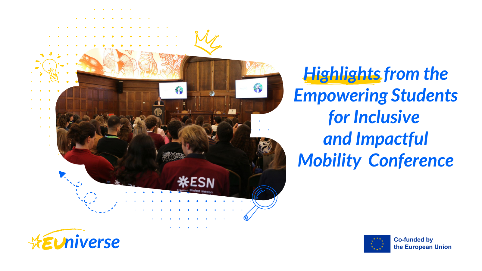 news cover with people at conference, in auditorium